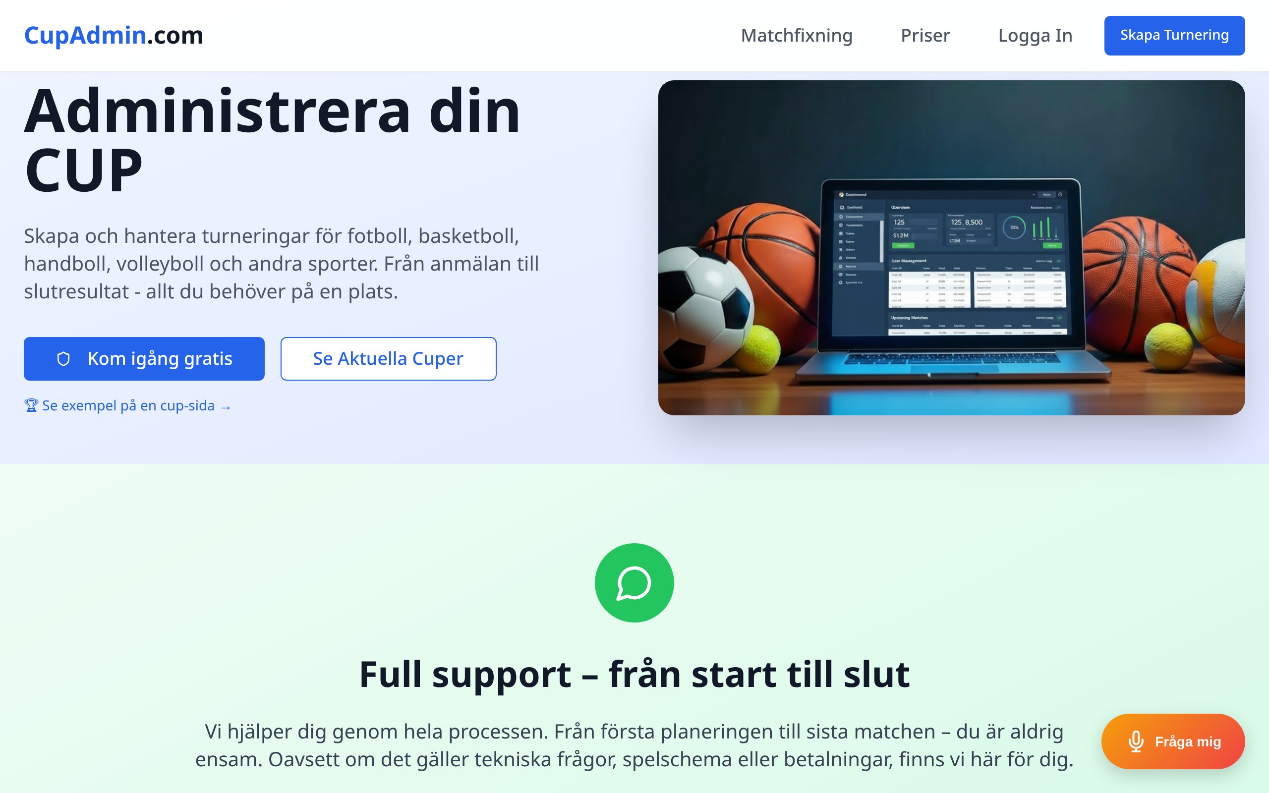 Skärmbild från CupAdmins hemsida