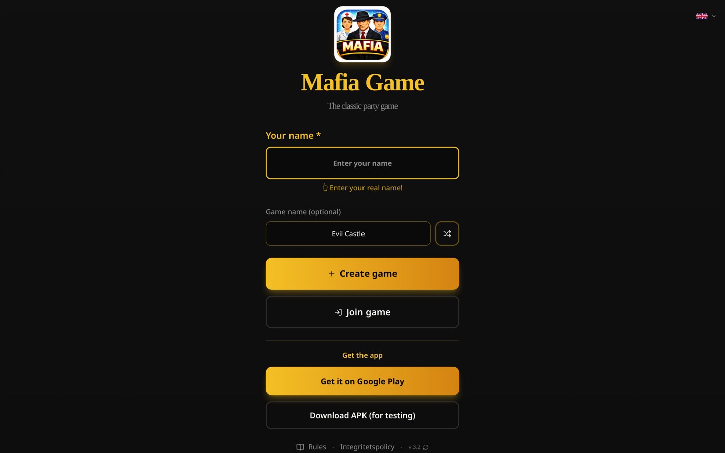 Skärmbild från Mafia Night Funs hemsida