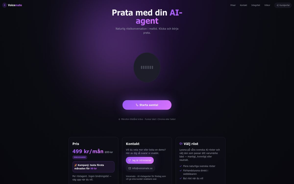 Skärmdump av VoiceMates hemsida