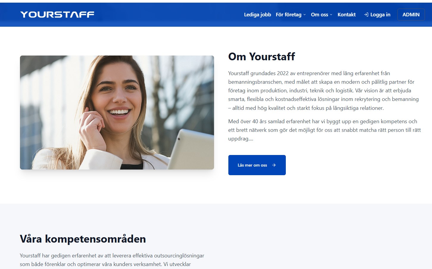 Skärmdump av YourStaffs hemsida